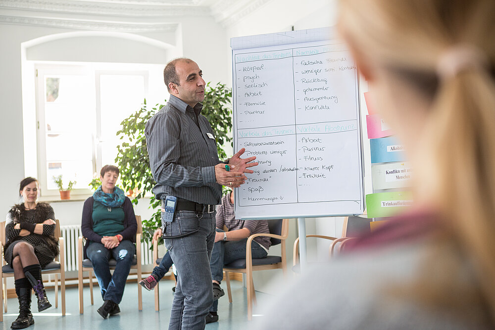 Ein Mann mittleren Alters steht vor einem Flipchart. Um ihn herum sitzen Menschen, die konzentriert zuhören. 