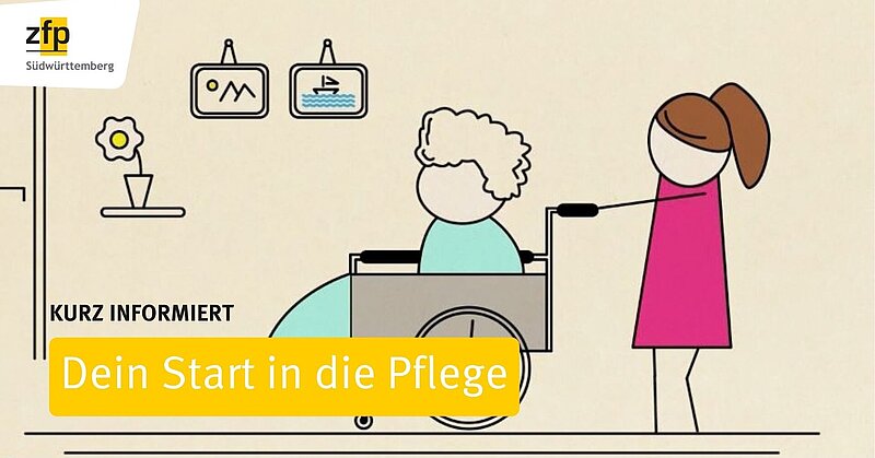 Skizziertes Bild: Eine junge Pflegekraft im pinken Kleid schiebt eine ältere Dame im Rollstuhl.