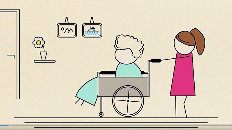 Skizziertes Bild: Eine junge Pflegekraft im pinken Kleid schiebt eine ältere Dame im Rollstuhl.