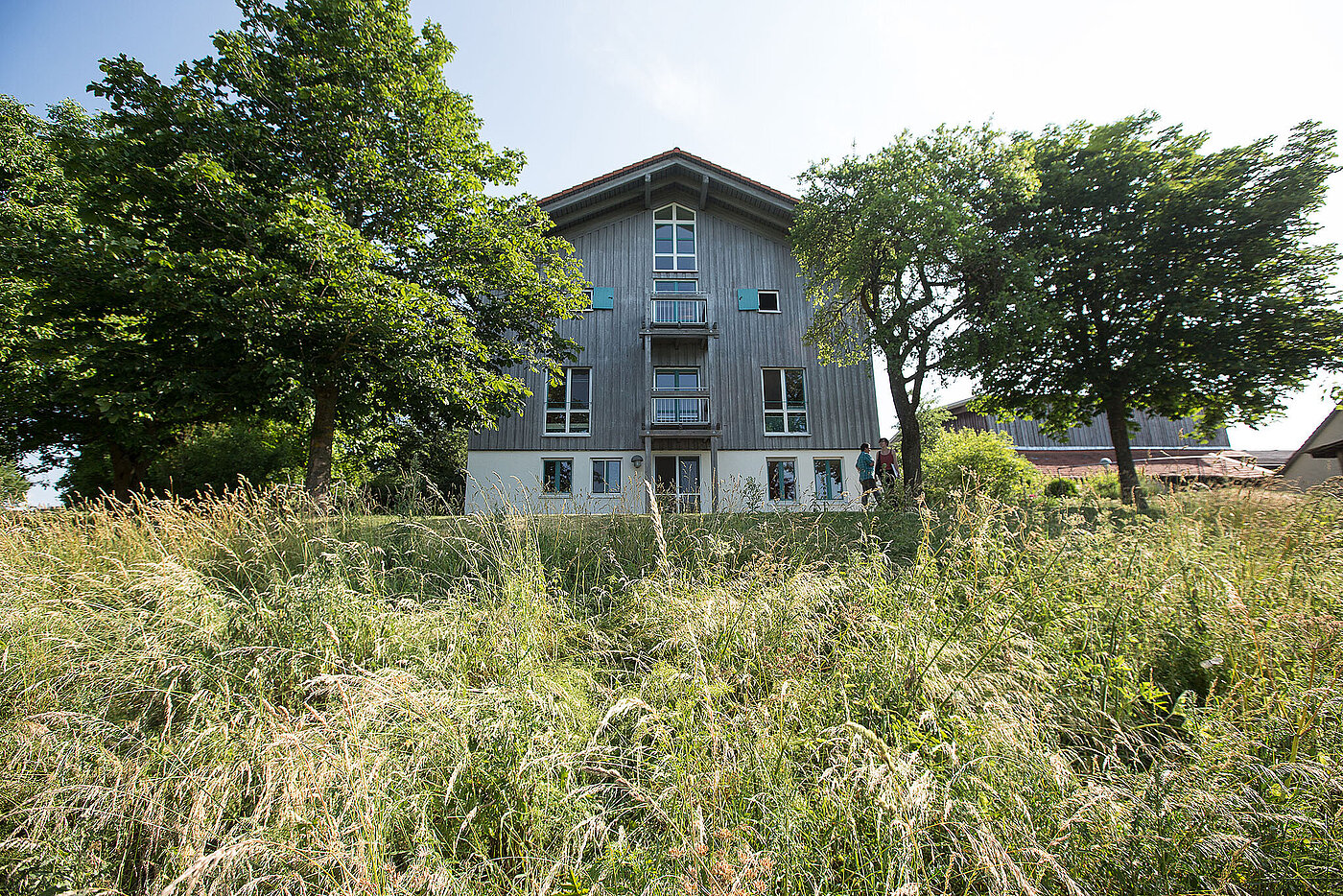 Ein Gebäude mit Holzfassade inmitten einer grünen Wiese. 