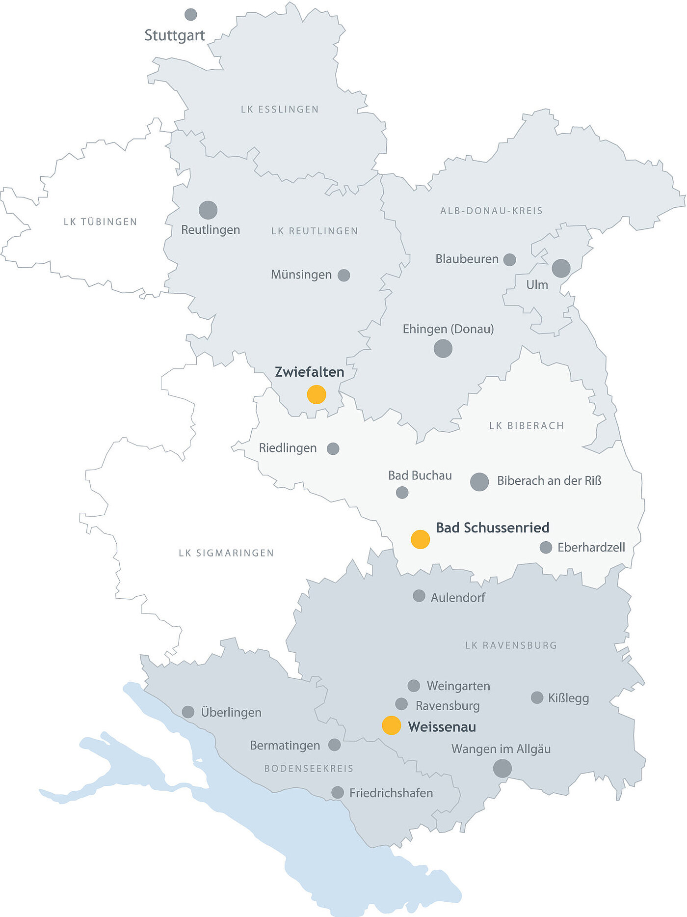 Eine Karte, die ein Gebiet zwischen Stuttgart und dem Bodensee zeigt und in der die Standorte des ZfP eingetragen sind. 