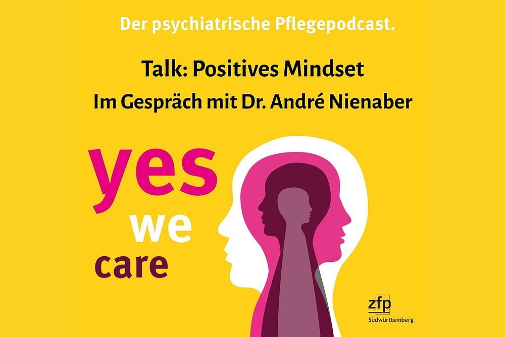 Gestaltetes Cover zur ersten Folge des Pflegepodcasts: schwarzer Text, teils pink und weiß, auf gelbem Hintergrund zusammen mit grafischen Köpfen in den gleichen Farben.