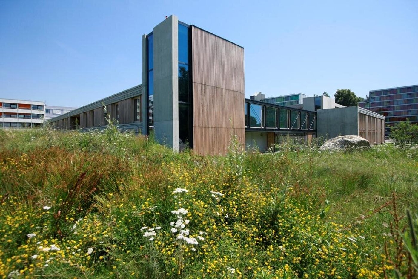 Ein mehrstöckiges Gebäude mit Holzfassade im Grünen. 