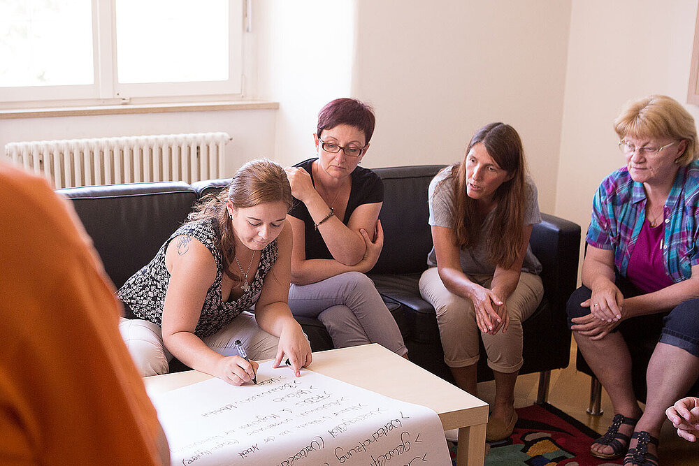 Fünf Personen sitzen an einem Tisch vor einem großen Blatt Papier. Eine Frau schreibt gerade während die anderen ihr interessiert zuschauen. 